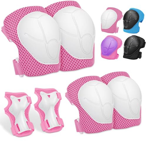 Knieschoner Kinder, Schoner Schützer Inliner Kinder, Verstellbare Knieschützer Handgelenkschützern Ellenbogenschoner, 6 in 1 für Skateboard, Inlineskates, Hoverboard, Fahrrad, Skateboard (Rosa/Weiß)