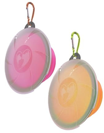 KGDUYC 2 Piezas Comedero y Bebedero Plegable para Perros y Gatos - Cuenco Doble de Silicona Resistente Libre de BPA - Plato Portatil para Agua y Comida Ideal para Viaje, 450ml + Naranja/Rosa