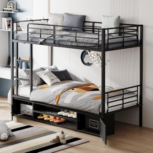 PUGSDRLY Lit Superposé Enfant 90x200cm avec Armoire à Chaussures Ouverte et 2 Armoire de Rangement,Lit Superposé 2 Places en Fer pour Adolescent et Enfant,Barrière Anti-Chute (Noir)