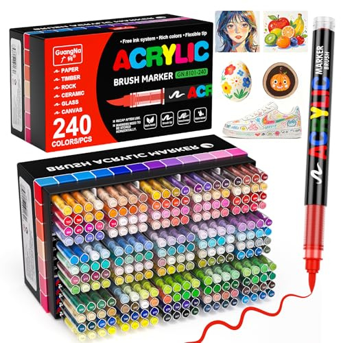 TrendGate 240 Couleurs Feutre Acrylique, Marqueur Peinture Acrylique Pinceau Pour Papier, Verre, Galet, Métal, Plastique, Bois, Oeuf, Céramique, Textile