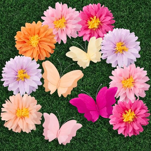 EASY JOY 12Pcs Daisy Paper Flower Butterfly Decorations 14‘’ Large Daisy Hanging Paper Flowers for Wall Spring Summer 3D Butterfly Backdrop for Baby Shower Garden Floral Wedding Tea Party Decor