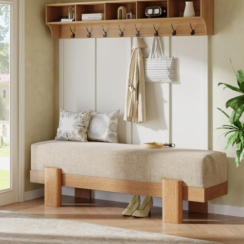 Tribesigns 55-Inch Upholstered Entryway Bench, Modern Shoe Bench with Ultra-Plush Thick Cushion and MDF Frame, End of Bed Stool Long Ottoman for Entrance, Living Room (Beige & Oak)