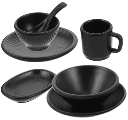 BESPORTBLE 7 Pièces Set de Vaisselle Miniature Alliage Résistant pour Maison de Poupée et Assiettes Rayés Noirs Accessoires Micro Paysage pour Jeux Imitation Garçon Fille