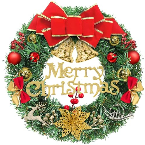 Couronne de Noël, 30cm Couronne de Noël Porte avec Clochettes,Nœuds et Renne pour l'hiver, Fêtes, Réunions, Célébrations, Décoration Intérieure et Extérieure Guirlande Artificielle Christmas Wreath