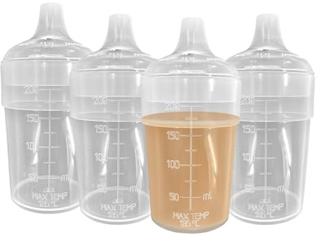 Chabrias Ltd 4 Pack 200ml Feeding Beakers Clear with Narrow Spout Lids UK Made & Controllable Flow, Reusable, Adult Sippy Cup, Spill-Proof, Autoclavable