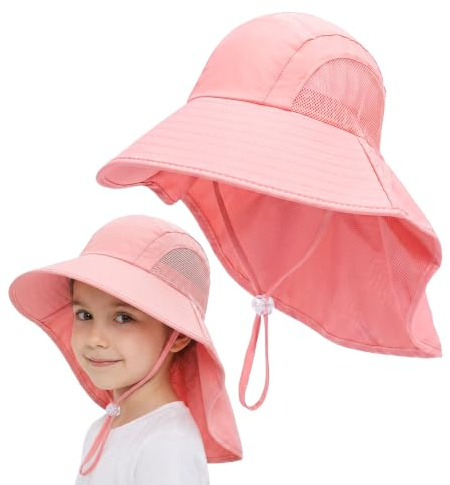 Zouwel Toddler Kids Bucket Sun Hat,UPF 50+ UV Wide Brim Summer Beach Hat with Neck Flap,Adjustable Drawstring & Chin Strap for Boys Girls (Pink)
