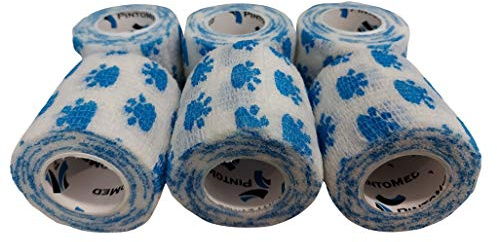 PintoMed - Venda Cohesiva - 6 x BLANCO CON PATAS AZULES - 6 rollos x 5 cm x 4,5 m estirado - Vendaje autoadhesiva elástica y flexible, Cinta adhesiva, Vet Wrap, Tape, Primeros auxílios y lesiones