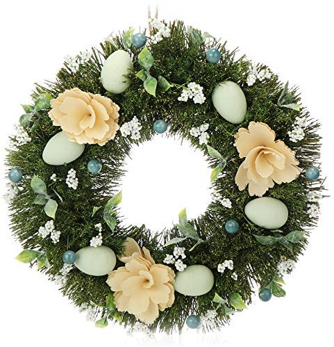 COM-FOUR® Osterkranz mit Blumen aus Holz und Eiern, dekorativer Tischkranz, Türkranz mit Aufhänger