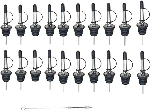 Loopunk 20 Pezzi Tappi in Acciaio Inox Beccuccio Conico Liquore Bottiglia Versatore Tappo Versatore Salvagoccia con monopezzo Cappucci di Gomma per liquore, Vino, Olio, Cocktail, Succo,ECC