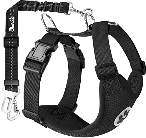 Nasjac Dog Car Harness with Seat Belts, Safety Adjustable Dog Seat Belts for Cars with Clip and Buckle, Breathable Mesh Pet Vest Harness Seatbelts with Secure Elastic Buffer for Travel