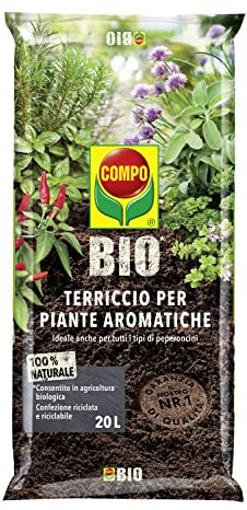 COMPO BIO Terriccio per Piante Aromatiche, Per Piante in Vaso o in Piena Terra, Consentito in Agricoltura Biologica, Con Guano, Sacco 20 L