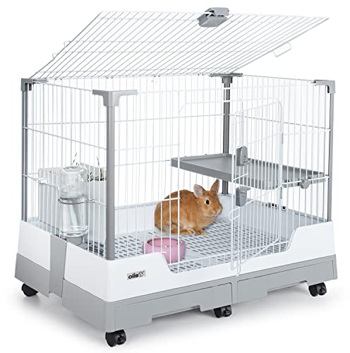 OIIBO Deluxe Rabbit Cage, 32 × 21 × 26 Large Space Bunny Cage Foldable Small Animal Cage with Pull Out Tray and Caster Platform, Professional Household Anti-Spray Urine Rabbit Cage Hutch Indoor