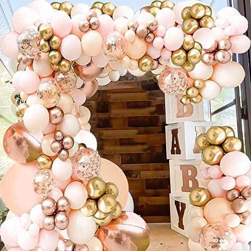 Rose Gold Balloon Arch Kit - 122 Pcs Rose Gold & Pink Balloon Arch Kit with 18 Inch 4D Rose Gold, Multi Sized Gold, Pink, Peach & Confetti Balloons for Birthday, Bridal Shower, Baby Shower Decorations