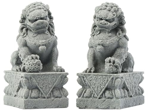 HOMSFOU 1 Par De Estatuas De Guardián De Perros Fu Foo Piedra Asiática Leones De Beijing Decoración Feng Shui para El Hogar Protección contra La Energía Maligna De