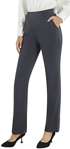AFITNE Straight Leg Work Trousers for Women UK - Ladies Business Office Casual Bootcut Flared Yoga Pants Pull On Womens Smart Trousers with Pockets - 33 Inches Grey S