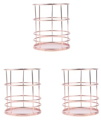 Adoorniequea 3 set Rose Gold Round Metal Wire Mesh Pen Pot Pencil Brush Holder Desk Organizer