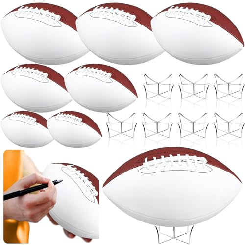 Hiboom Autograph Football with Acrylic Display Stand Air Pump Blank Gold Football for Trophy Anniversary High School College Coaching Gift Award Championship Party(8 Pcs,White, Brown,Size 9 3 1)