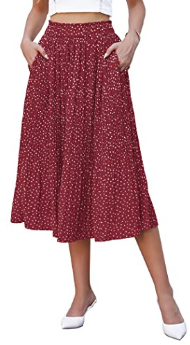 Hotouch kjol damer sommar elastisk midja veckad kjol chiffong lång elegant veckad kjol sommarkjol med fickor röd storlek S, Vinröd, S
