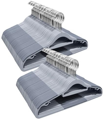 ABHENG 100 Stück Kleiderbügel, Rutschfester Kunststoffbügel, Platzsparender Bügel, 360° Drehbarer Haken, Dicke 0,5 cm, 42 cm lang, für Mäntel, Kleider, Hemden, Grau + Silber, APY03100G