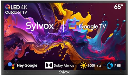 SYLVOX 65 Zoll Outdoor TV, 4K UHD QLED Google Outdoor Fernseher, 2000 Nits, Sprachassistent, Dolby Atmos, IP55 Wasserdicht TV für Garten, Terrasse, Pool &Gewerberäume(Pool Pro 2.0 QLED)