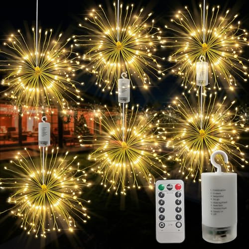 FOOING Paquete de 6 luces LED de fuegos artificiales con 8 modos regulables, paquete de 6 luces colgantes de hadas para Navidad, boda, decoración interior al aire libre con control remoto