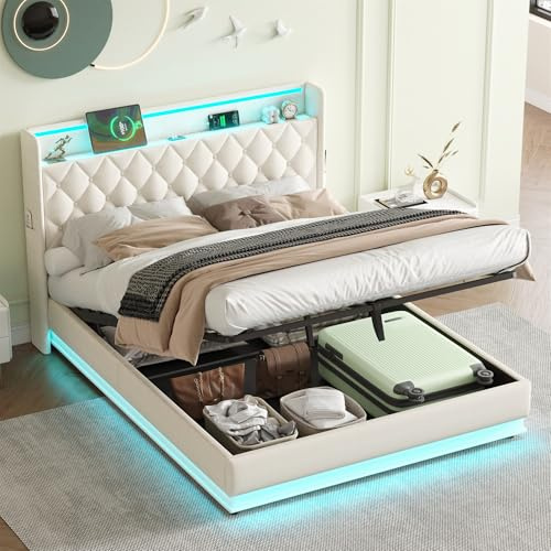 Upholstered Bed Frame with Hydraulic Lift and LED Button Tufted Headboard, 4ft6 Double Bed Frame with LED Lighting and Charging Station, Linen Functional Ottoman Storage Bed, No Mattress, Beige