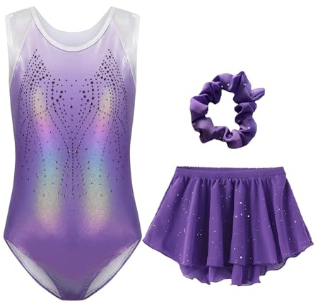 Happy Cherry Ragazze Body Ginnastica Artistica Strass Lucidi Senza Maniche Leotards con Gonna di Tulle Tuta da Danza Costume da Ballo Elastico Viola per Bambine 5-6 Anni