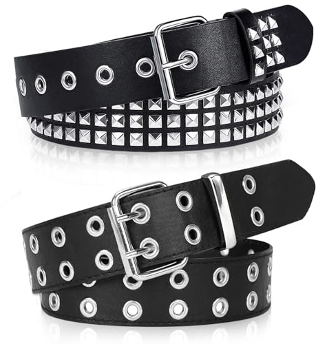 WQYILEAER Black Studded Belt, 2 Pcs Y2K Belt Metal Punk Rock Double Grommet Belts with Bright Pyramid Studded for Women Men