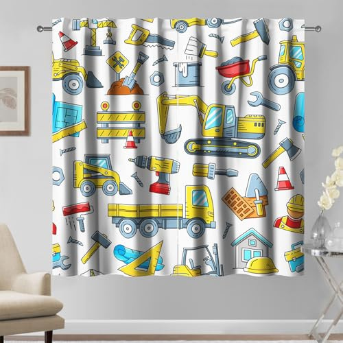 Kzzfqxb Rideaux pour Enfants 117x138cm 2 Panneaux, Voitures de Chantier Outils de Construction Pelleteuse Bulldozer Camion de Dessin animé, décoration pour Chambre d'enfant garçon crèche