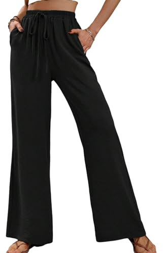 JiaYouLC Women Linen Trousers with Pockets Summer Wide Leg Casual Pants High Waisted Drawstring Trousers for Sports Running Joggers (UK, Alpha, L, Regular, Regular, Black)
