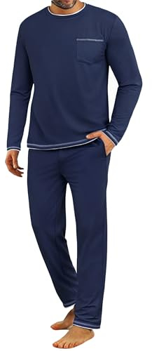 Demegimi Men's Pyjama Set Short Sleeve Crew Neck Top and Long Lounge Pants | Plain Mens PJS Sets, Chest Pocket, Contrast Trim, Elastic Waist, Side Pockets, Casual Nightwear, Soft Loungewear, Home Wear