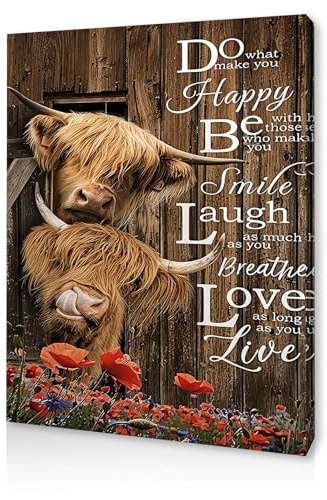 Qiukoo Wall Art – Highland Cow Canvas Print with Inspirational Quote, Rustic Farmhouse Wall Decor for Bedroom, Living Room, Hallway or Stairs, with Pre-Mounted Frame and Hooks, 12 x 16