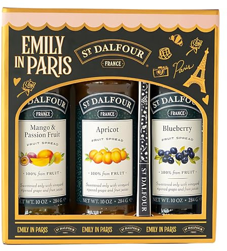 St Dalfour Emily in Paris Confiture Coffret: Mangue passion, Abricot, Myrtille, 3 x 284g, sans sucre ajouté, 100% fruits
