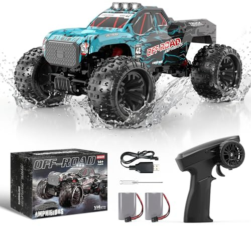 YESHIN Voiture télécommandée amphibie 1:14, 4WD RC véhicule Tout-Terrain avec lumière et 2 Batteries, 2,4 GHz, Cadeau pour Enfants et Adultes, Jouet pour Sable, Eau et Terrain