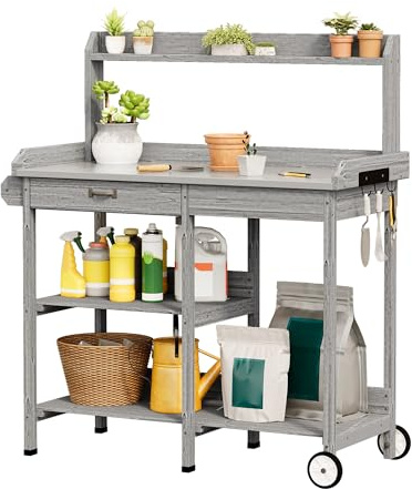 Xbro Pflanztisch mit Rollen Outdoor wetterfest, Gärtnertisch Holz mit Schublade & Ablagen, Blumentisch mit verzinkter Arbeitsplatte & Haken für Balkon Terrasse Garten, 112x43x121 cm, Grau
