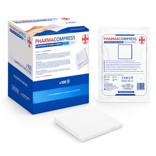 AIESI® Garze sterili per medicazione 10x10 cm (100 pezzi) in confezione singola PHARMACOMPRESS, Compresse in cotone piegate