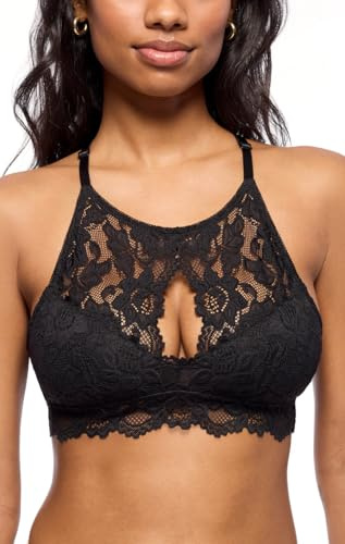 Jenny Jen Miley Halter Lace Bralette for Women, Unpadded and Unlined Wireless High-Neck Bra, Perfect Adjustable Keyhole Lingerie (Medium, Jet Black)