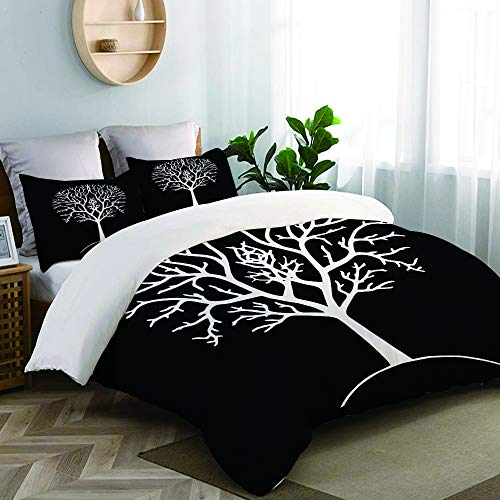TESCCI Bettwäsche-Set, Mikrofaser,Herbstbaum-Schattenbild-Schwarzweiss-Gondor Lord of The Ring Branches Drawing,1 Bettbezug 135 x 200cm+ 2 Kopfkissenbezug 80x80cm