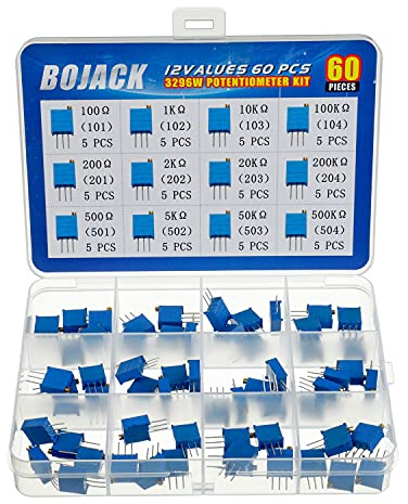 BOJACK 12 Values 60 pcs Variable Resistor 100 to 500K ohm 3296W Multiturn Trimmer Potentiometer Assortment Kit
