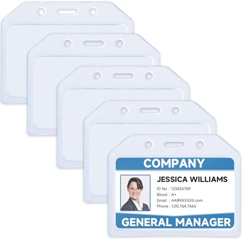 Teskyer 5 Pack ID Card Holder, Badge Holder, Extra Thick Plastic, Sturdy, Soft, Lanyard Card Holder, Transparent, Horizontal