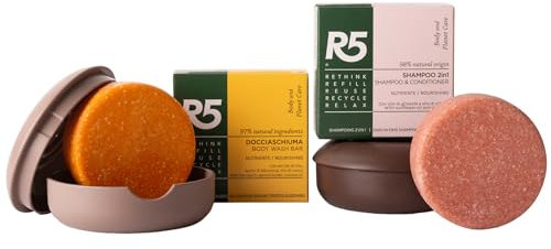 R5, Kit Shampoo 2-in-1 Solido e Docciaschiuma Solido Nutrienti, al Profumo di Fiori e Frutta, 2 Portasaponi in Plastica 100% Riciclata, Ecostenibili, Vegan, Made in Italy, Idea Regalo