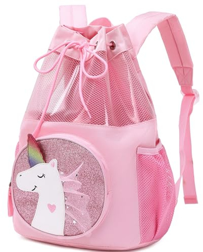 mygreen Unicorn Gifts for Girls - Unicorn Bag, Children Boy Girl Cartoon Print Drawstring Backpack Outdoor Casaul Portable Shoulder Bag Swim Gymsack Sack Pack Pink Lace Mesh