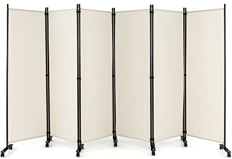 GIANTEX Biombo Plegable con Ruedas, Separador de Privacidad 6 Paneles, 334,5 x 172 cm, Divisor de Habitación de Tela con Patas Anchas, Protección Privada (Beige)