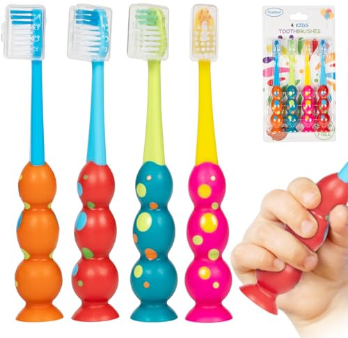 PRASBURR Toddler Toothbrush - Kids Toothbrush Soft Bristles with Suction Cup for Easy Storage, for Age 2-4 and Older, Pack of 4
