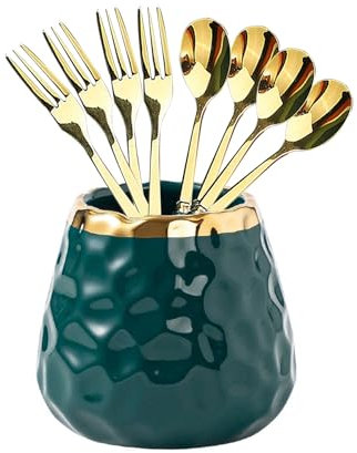 HENWAFX Dessert Fork set, Ceramic Jar with 8 Small Forks, Salad, Fruit, Party, Cake, Camping Cutlery set (Green ceramic jar+4 forks+4 spoons)