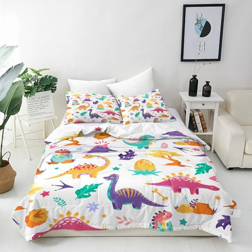 ANHOPE Dinosaur Duvet Cover Set Single 135x200cm 2 Pillowcases | Colorful Cartoon Volcano Dino Egg Print, Soft Microfibre Fabric, Kids Boys Girls Quilt Cover Set with Zipper Closure