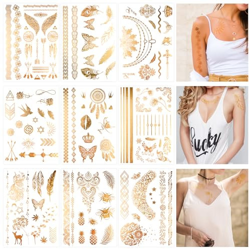 MBAIYO 9 fogli oro flash tatuaggi per adulti, tatuaggi temporanei da incollare da donna, metallizzati, accessori per feste, accessori per feste di carnevale, feste