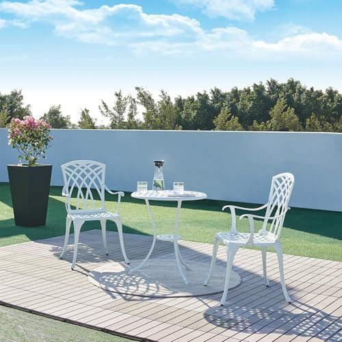 casa.pro Set Bistró de 3 Piezas Vena Conjunto de 1 Mesa con Abertura para Sombrilla y 2 Sillas Juego de Muebles de Exterior Terraza Jardín Patio Balcón Aluminio - Blanco