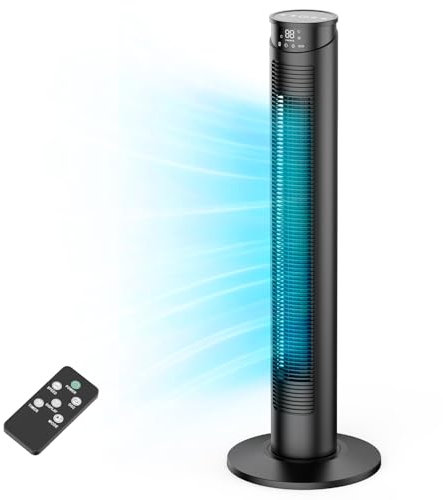 Ventilador Torre, Ventilador de Torre Silencioso 45W con Mando - 6 Velocidades & 5 Modos (Incluye ECO) - Pantalla LED, Temporizador 12H, Oscilación 70° - Sin Aspas - Ideal para Casa/Oficina/Dormitorio