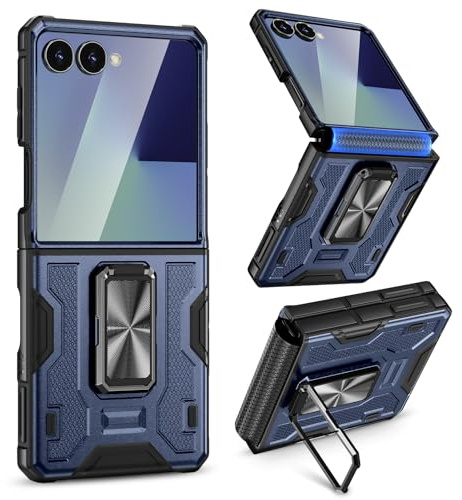 VEGO for Galaxy Z Flip 7 Case [Built-in Screen Protector][Anti-Scratch] [Hinge Protection] Military Drop Protection Ring Kickstand Phone Case for Samsung Galaxy Z Flip 7 5G 2025(Not for Flip 7FE)-Blue
